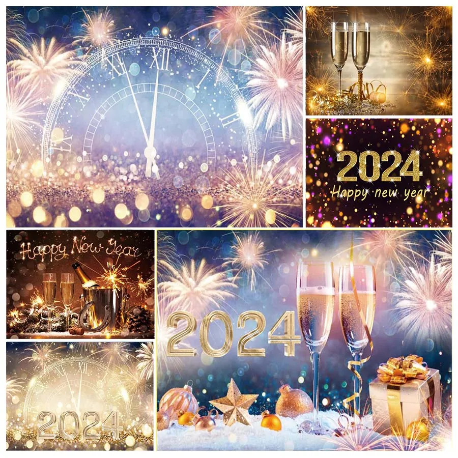 

Gold Happy New Year Backdrop Countdown Party Hello 2024 Shiny Champagne Fireworks Balloon Midnight Photography Background Cheers