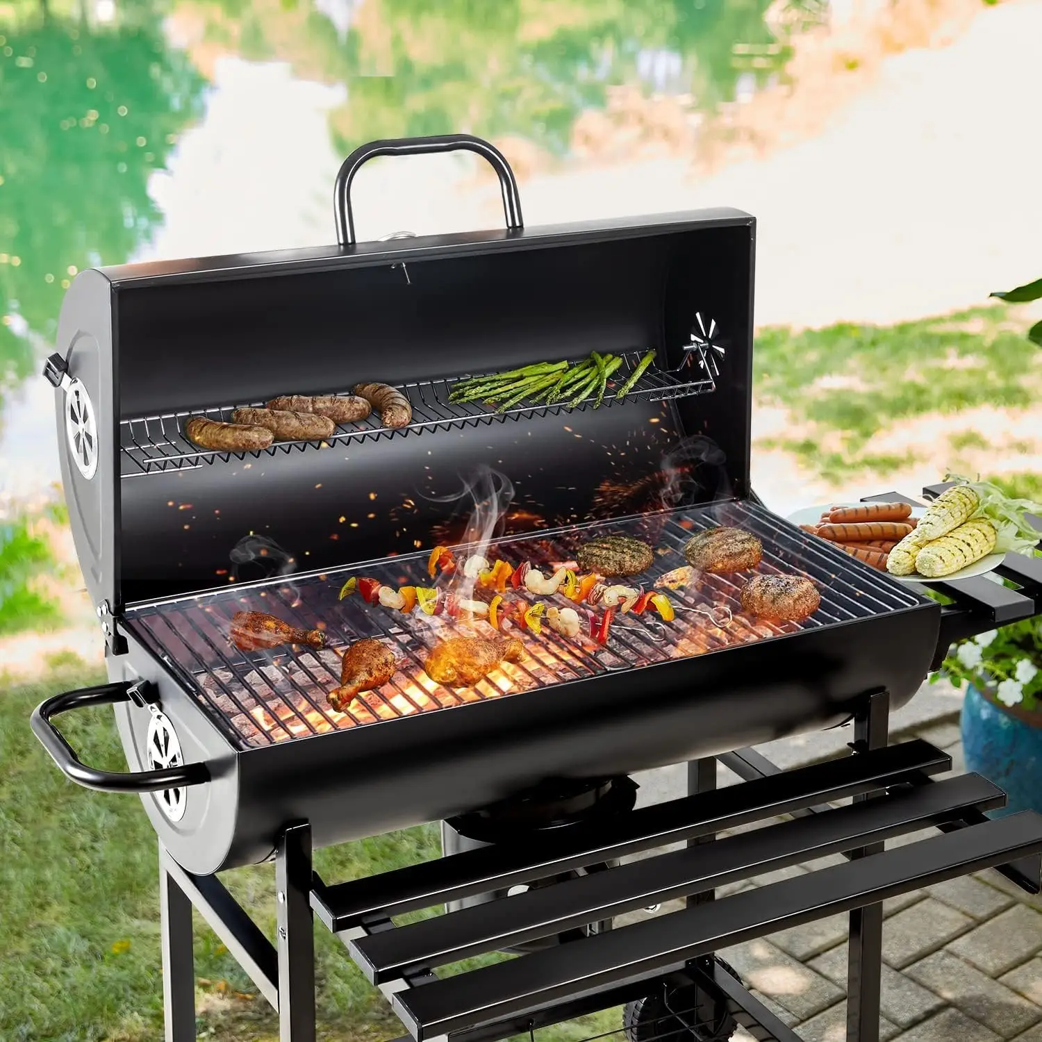 Charcoal Grill Barrel style BBQ Charcoal Grill with Three Item Racks Thermometer Double-Layer Chrome-Plated Iron Baking Pan