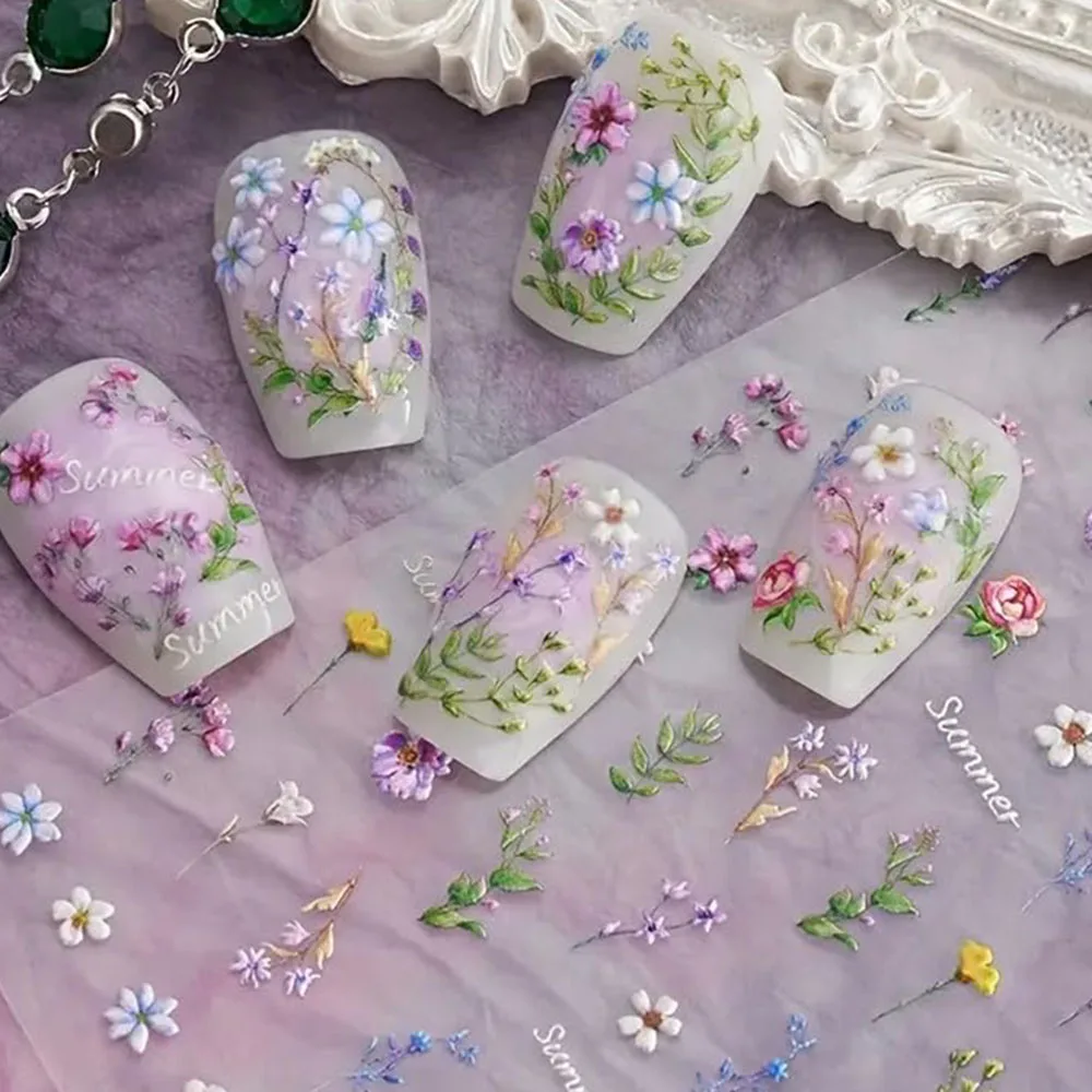 ملصقات أظافر بأوراق زهور ، نبات صيفي ، منزلق أظافر منقوش 5D ، شارات زهور ، مستلزمات تزيين أظافر ذاتية اللصق ، ديكور مانيكير ، 1 والي