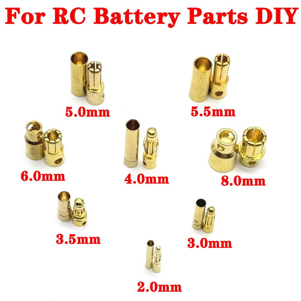 Bateria RC pozłacana wtyczka bananowa pociskowa 2mm 3mm 3.5mm 4mm 5mm 5.5mm 6mm 8mm wysokiej jakości męskie złącze typu Bullet bananowy