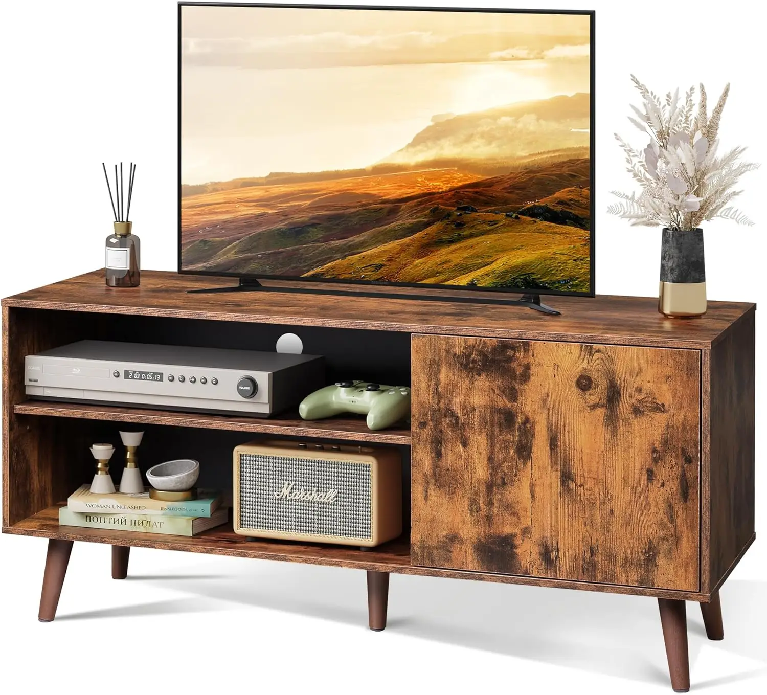 

Mid-Century Modern TV Stand for 55" TV, Entertainment Center with Storage, Open Shelves TV Console for Living Room and Bedroom