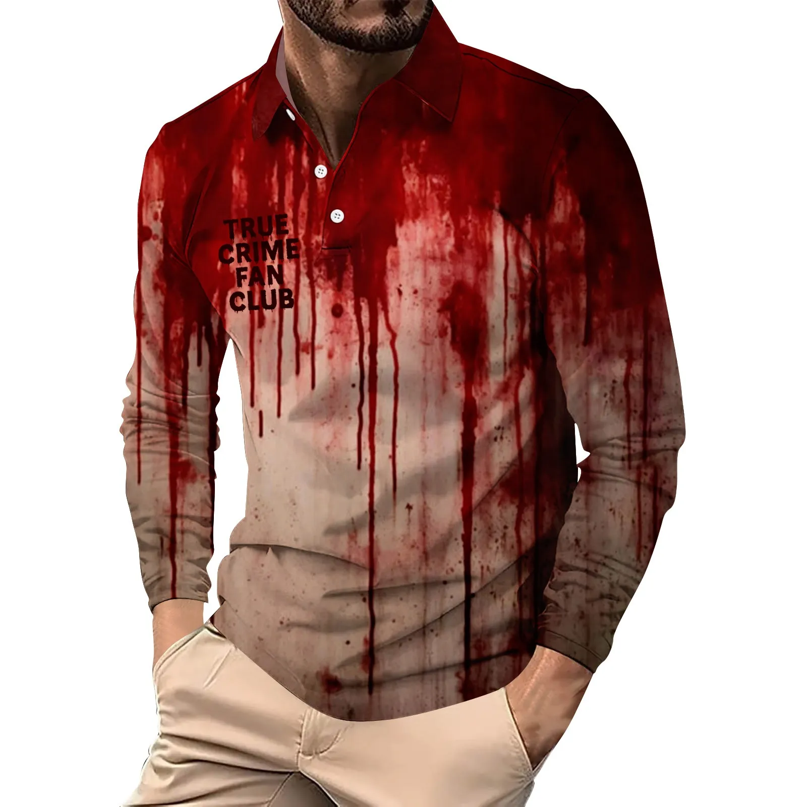Camisa de hombre con decoración de botones, Top holgado informal con estampado de letras de Halloween, atmósfera de terror de sangre, camisa de manga larga con solapa aterradora