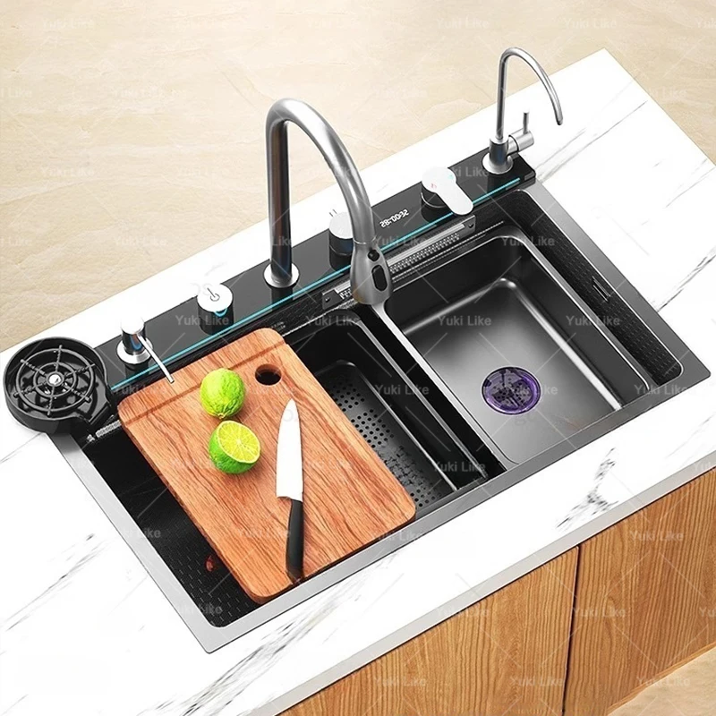 Stainless Steel Waterfall Kitchen Sink Embossed Large Single Slot Integrated Digital Display Faucet Set Wash Basin