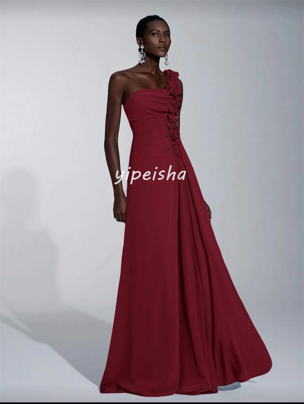 تخصيص مطابقة الأزياء الشيفون الطية Ruched ألف خط واحد الكتف فساتين طويلة مخصص فساتين المناسبات الأحجام المتاحة