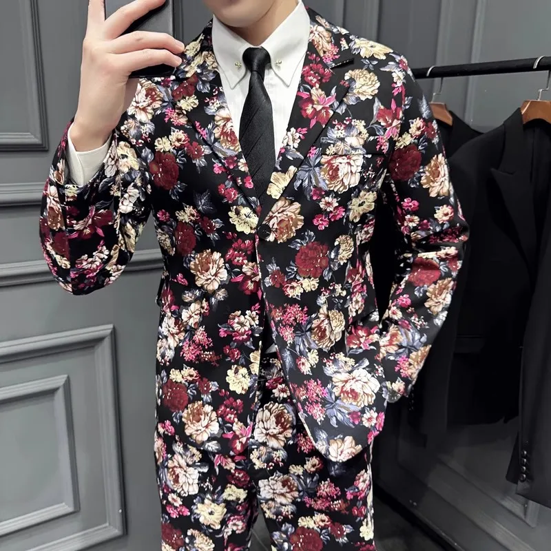 White Mens Printed Suit Two Piece,Single Button V Collar Cotton Jacket With Trousers,Asian Size M-5XL,Suitable For All Seasons