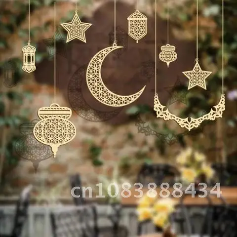 

Eid Al Fitr Party Supplies Ramadan Ornament Home Decor Moon Star Eid Wooden Hanging Pendant