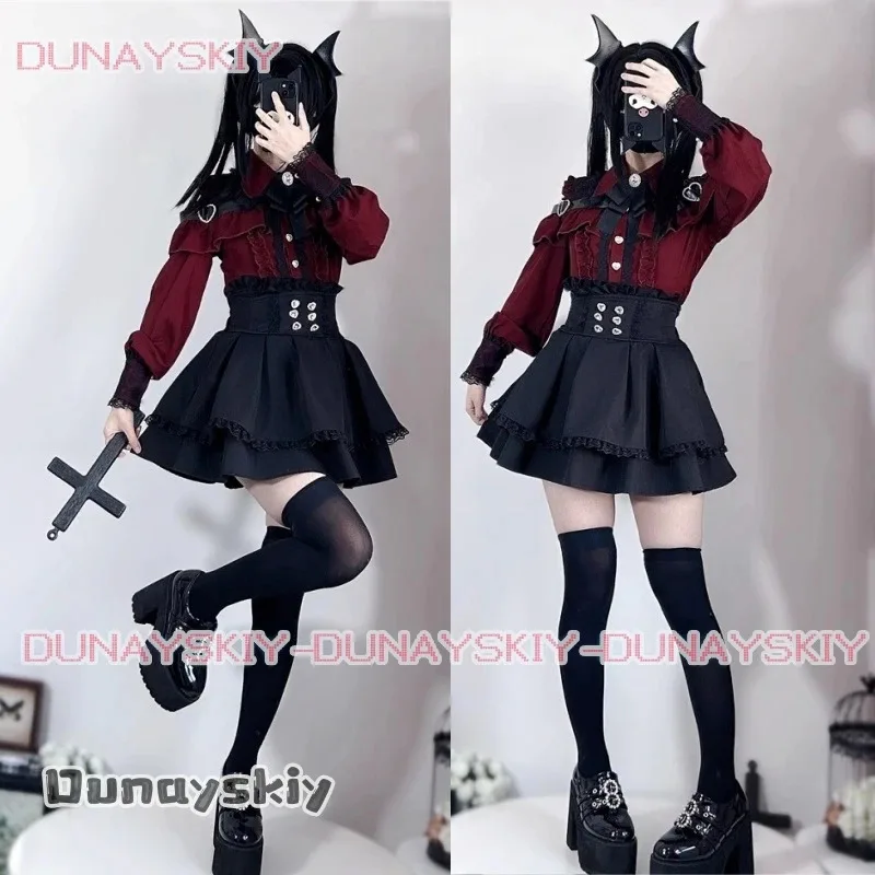 CyJirai kei-Conjunto de blusa Lolita para niña, Top, camisa de manga larga para mujer, faldas negras con lazo Kawii, camisas Y2K dulce estilo japonés para mujer S