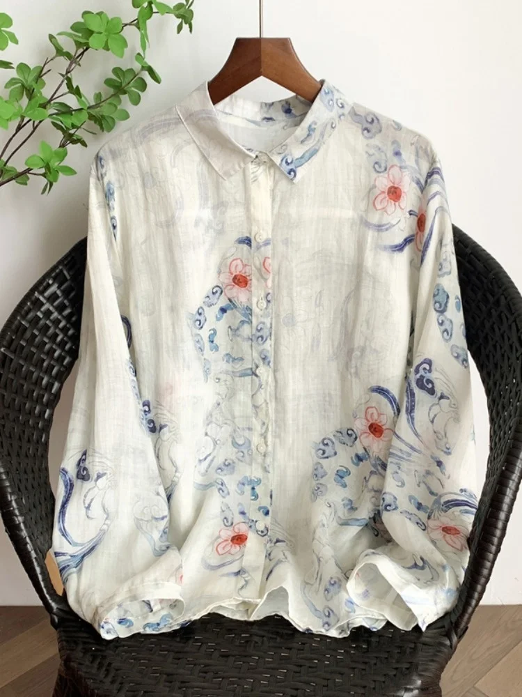 Comfortable Versatile Thin Linen Print Ladies Shirt Spring New Casual Slimming Cotton Linen Shirt Loose Fit Long Sleeve Casua...
