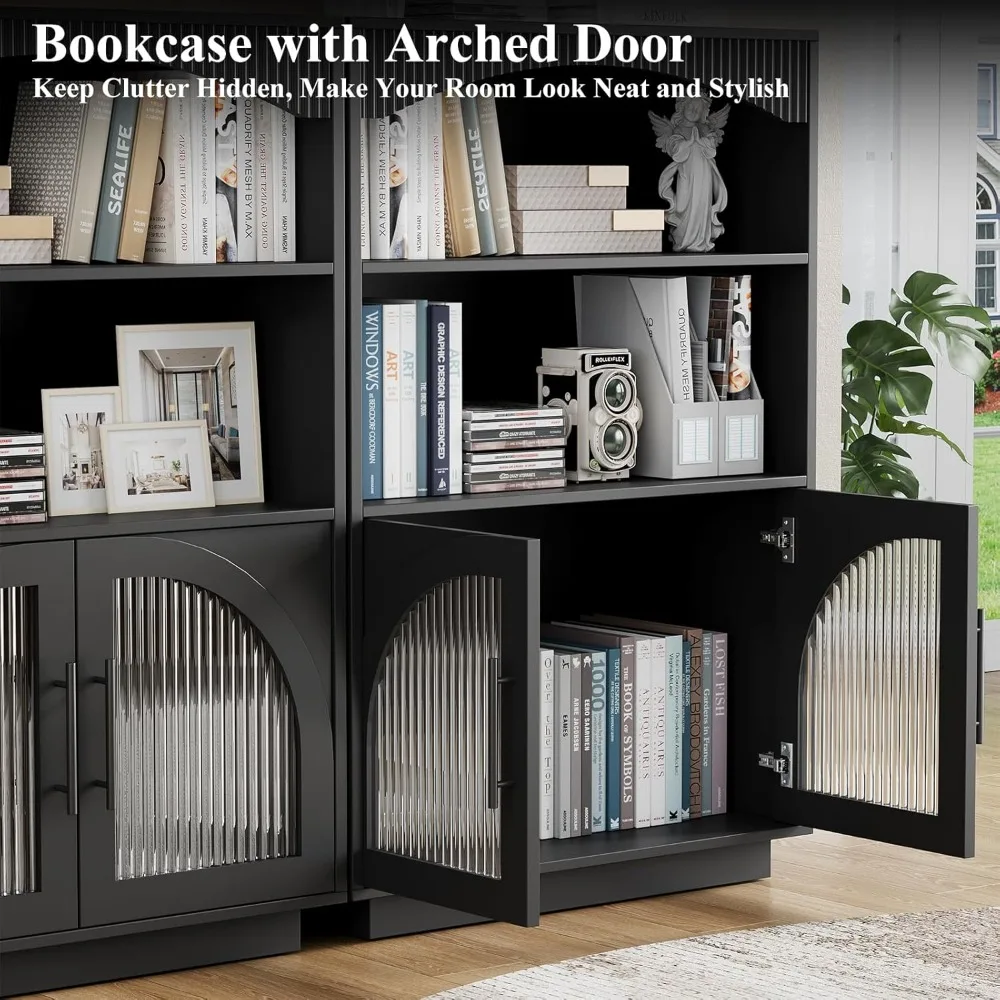 Exclusive 46 Bookshelf with Doors, Black Bookcase with Glass Door, 3 Tier Small Bookshelf w/Deep Storage Cabinet and Adjustable