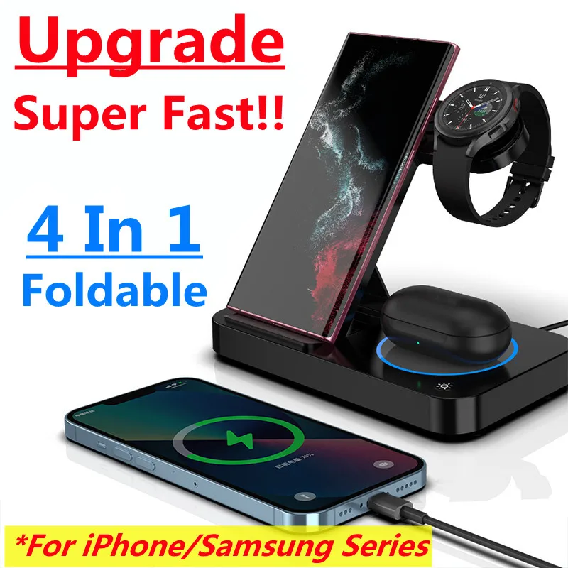 4 in 1 Foldable Wireless Charging Station For iPhone 14 13 12 X Apple Watch Samsung Galaxy Watch Phone Fast Chargers 4/3 S22 S21