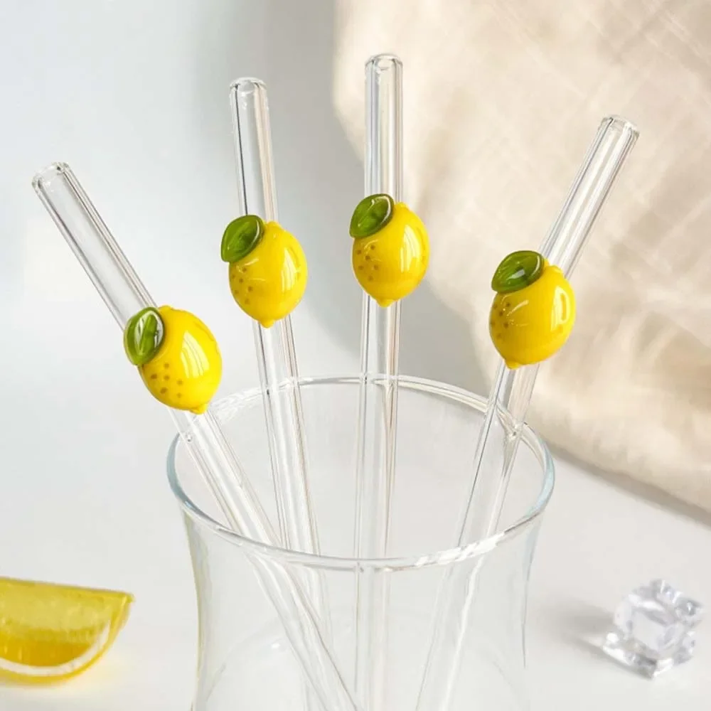 5Pcs Reusable Glass Straws Decorative with Lemon Shape Smoothie Cocktails Straw Kitchen Accessories Home Party Drinkware