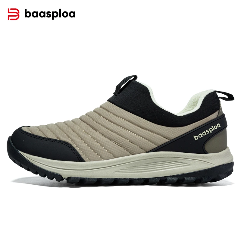 Baasploa Men Winter Casual Shoes Plush Warm Cotton Shoes for Men Comfort Leather Waterproof Walking Shoes Wear Resistant Slip-On