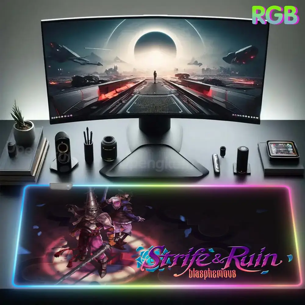 B_blasphemous Mouse Pad RGB Mouse Pad 900x400 Pc Setup Accessories Kawaii Keyboard Mat Desk Mat Large Rubber Mouse Pad LED Lamp