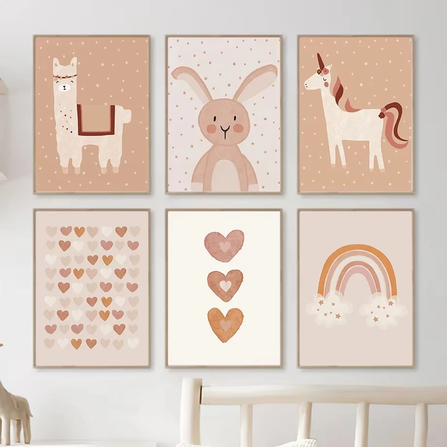 Bohemian Cartoon Alpaca Rabbit Rainbow Love Wall Art Canvas Painting Nordic Posters And Prints Wall Pictures For Kids Room Decor