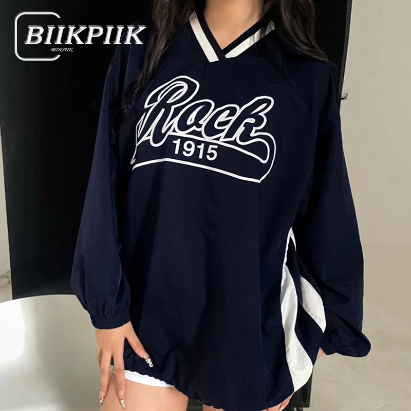 BIIKPIIK Side Stripe Patchwork Letter Printed Long Hoodie Streetwear V Collar Casual Women Coat Autumn Fashion All-match Outfits