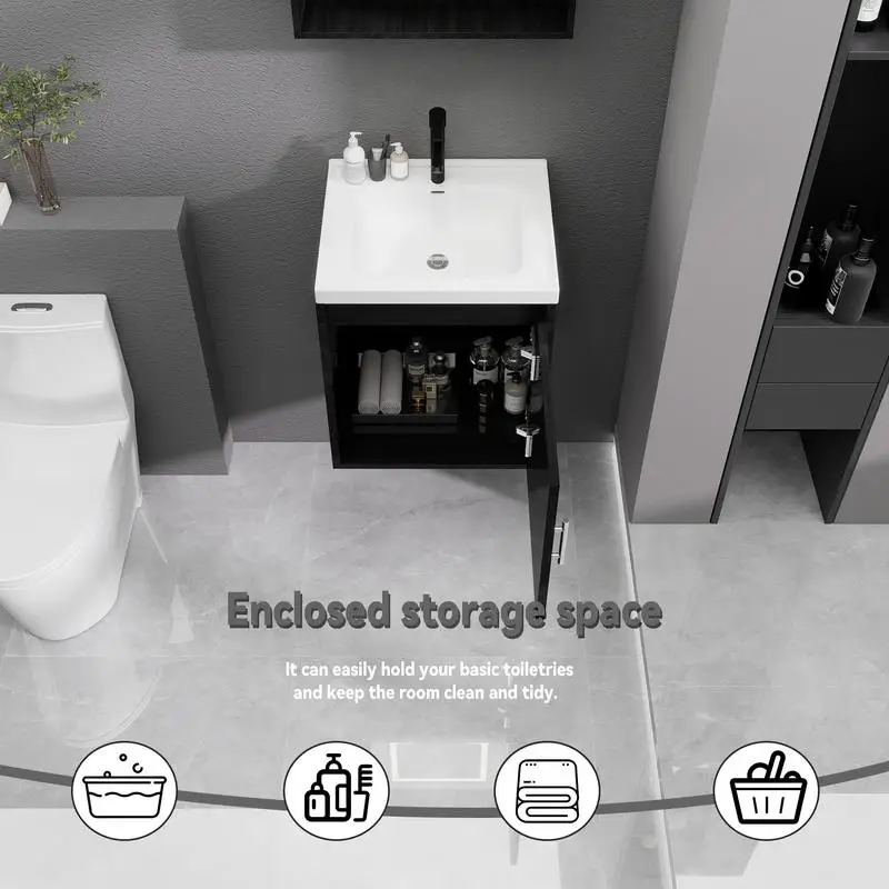 مجموعة حوض استحمام مقاس 16 بوصة مع مجموعة حوض سيراميك وباب مغلق ناعم، مثبت على الحائط، تتضمن استنزاف ومجيدة على شكل حرف P، لمسة نهائية من الكستناء الأسود (لا