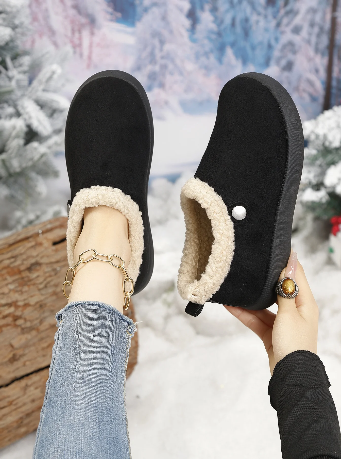 Damen-Winterstiefeletten, aus Kunstlederimitat, mit Teddy-Fleece-Futter, zum Hineinschlüpfen, warm, mit runder Spitze, rutschfester, dicker Sohle, im Retro-Stil, Baumwollstiefeletten. – Detail 12