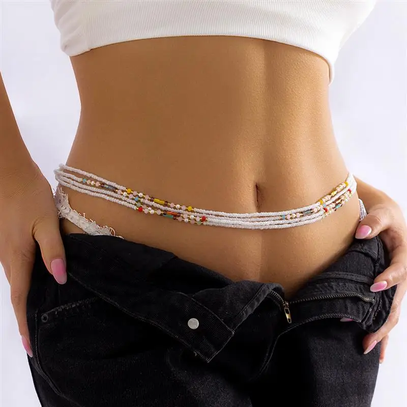 

Сексуальная эластичная многослойная поясная цепочка из рисовых бусин, модная ретро-крестальная цепочка для тела, модные ювелирные изделия, трансграничные винтажные кристаллы с...