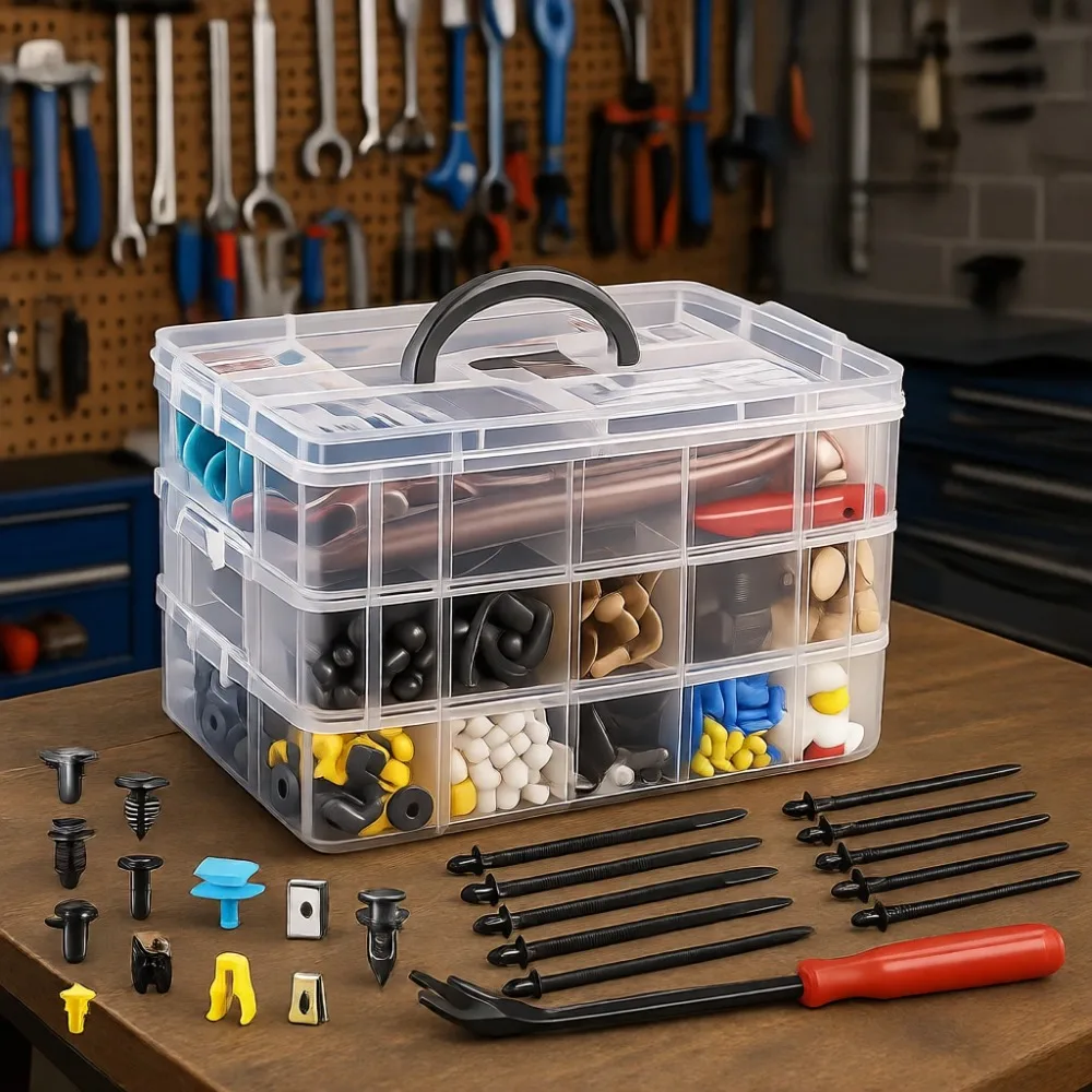 

Набор автомобильных крепежных клипс (2080 шт.) с плоскогубцами и инструментами для снятия обшивки, 3-слойный бокс, 33 стандартных размера