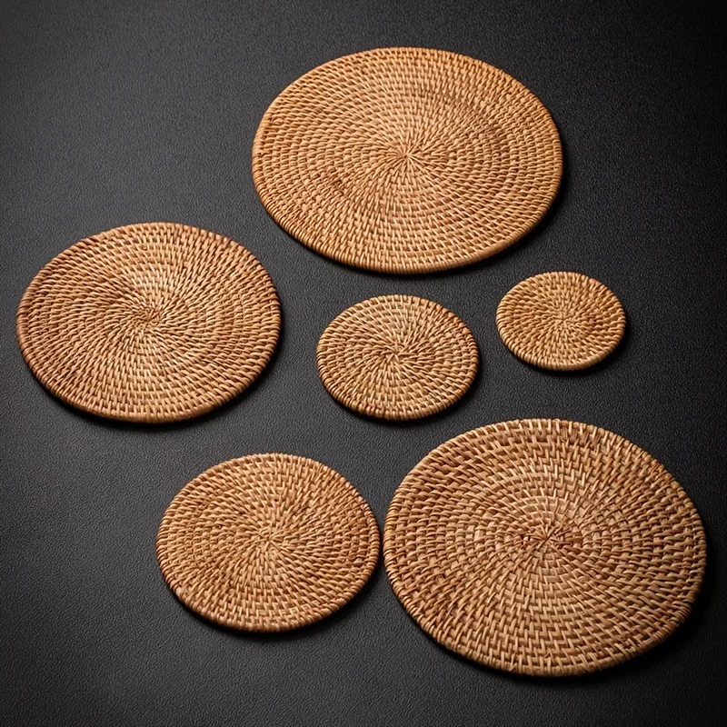 6Pcs Drink Coasters Set For Kungfu Tea Accessories Round Tableware Placemat Dish Mat Rattan Weave Cup Mat Pad Diameter 8Cm