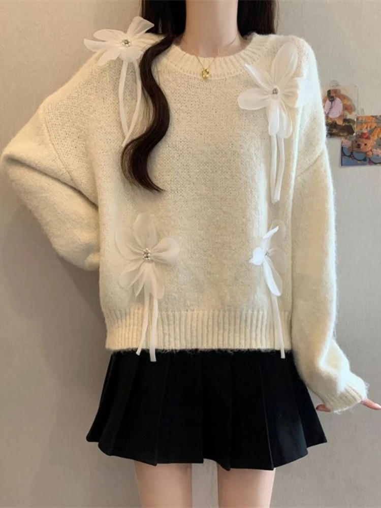 Doce outono e inverno casual quente grosso malha pulôver camisola doce estilo feminino tridimensional arco decoração camisola