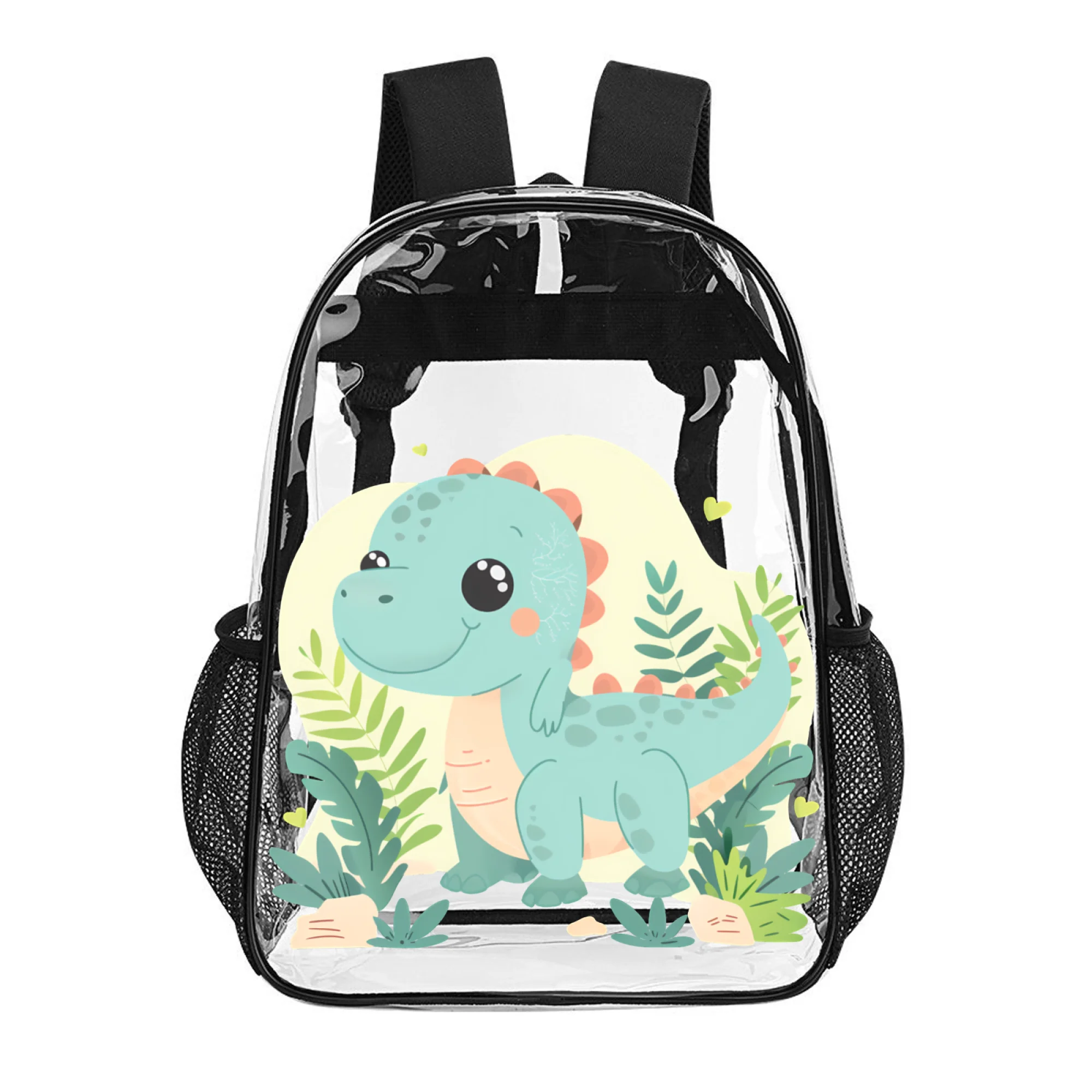 17 Inch PVC See Through Backpack with Blue Dinosaur Plants Print,  Bag Fits 16" Laptop, Side Mesh-Fun Backpack Gift