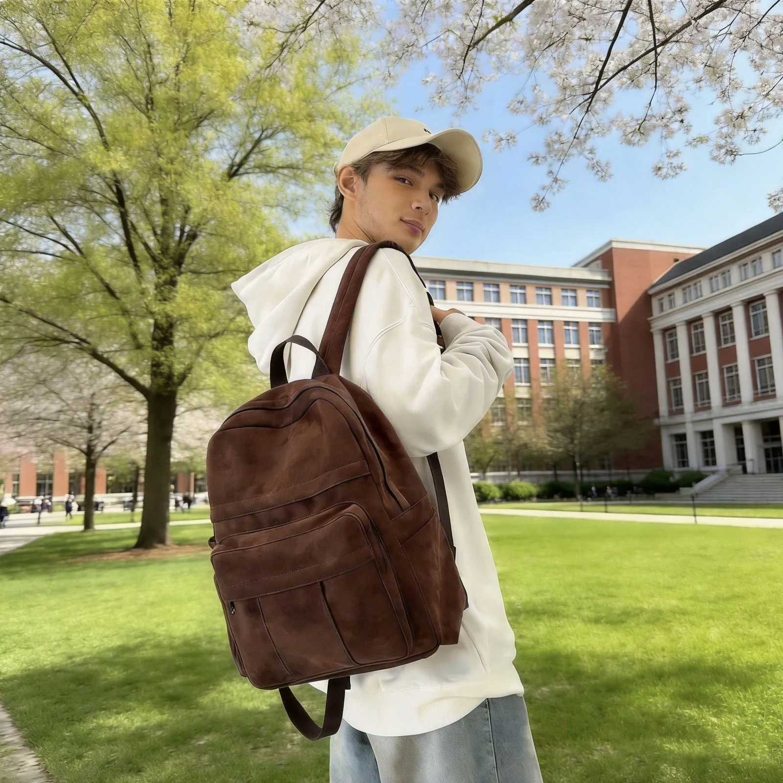 Classic Retro Microsuede Backpack for Women Men Soft Vintage Rucksack Lightweight Casual Daypack 12in Bag for School Travel Work