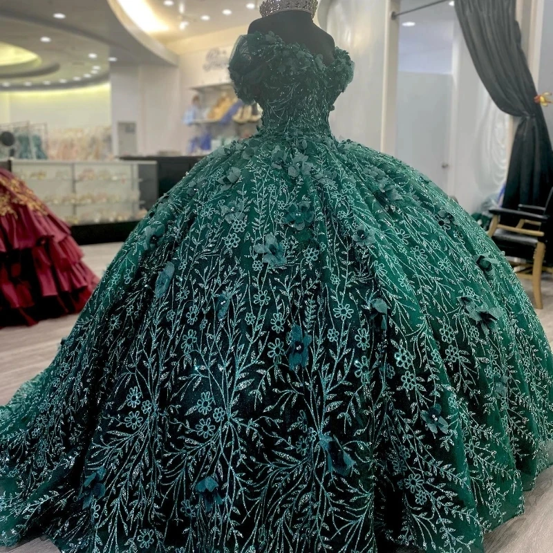 Vestidos de princesa verde para quinceañera, vestido de baile con hombros descubiertos, encaje Floral, dulce 16, 15 Años, mexicano