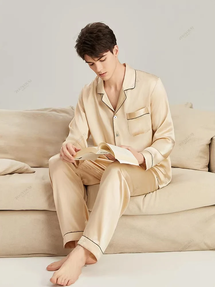SuyaDream, Mens Silk Pajamas, 19mm 100%Real Silk, Long sleeved Sleepwear Set, 2026 Spring Summer Two-piece Nightwear