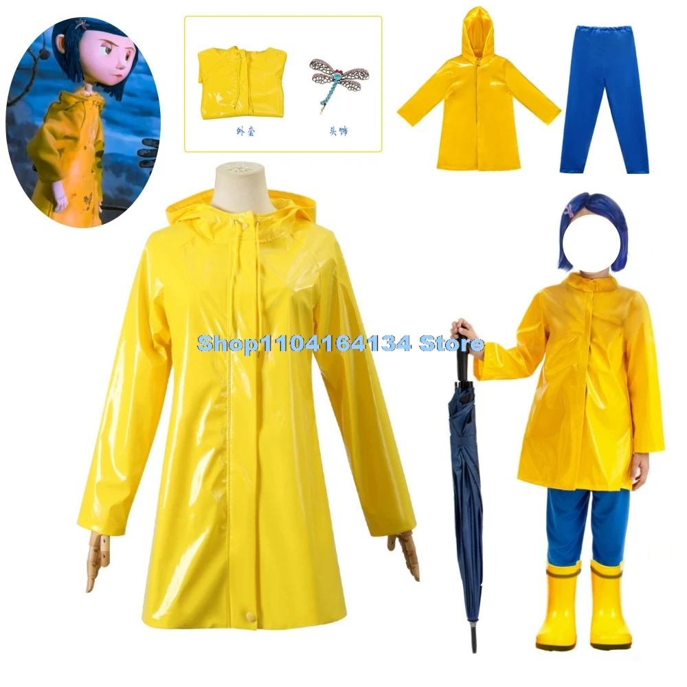 สยองขวัญ Fairytale ภาพยนตร์ Coraline คอสเพลย์ชุดวิกผมเสื้อสีเหลือง Secret ประตูเด็กผู้ใหญ่ขนาดปาร์ตี้ฮาโลวีนน่ากลัวชุดสวมบทบาท