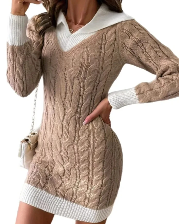 المرأة أزياء تويست اللون حجب سترة محبوك اللباس الخريف الشتاء ضئيلة الخامس الرقبة الورك