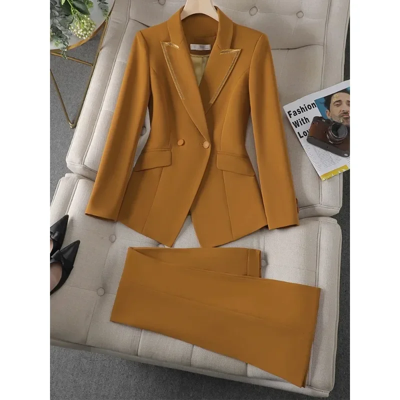 Conjunto Formal de 2 piezas para mujer, chaqueta y pantalón de negocios, color amarillo y negro, para oficina, Otoño e Invierno