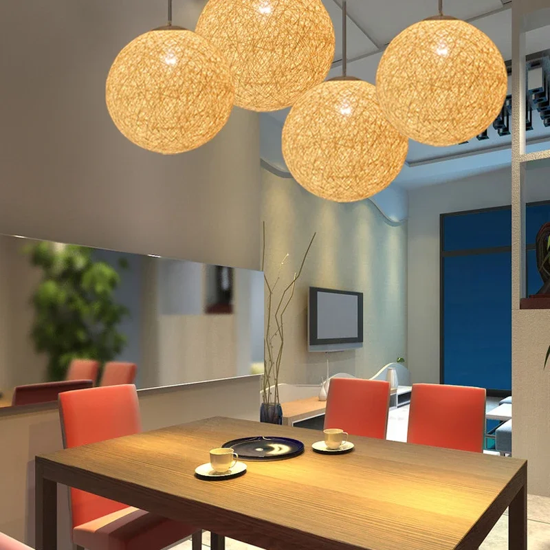 Rattan hemp ball restaurant modern minimalist casual mood chandelier clothing store bar bedroom lamp hemp rope chandelier