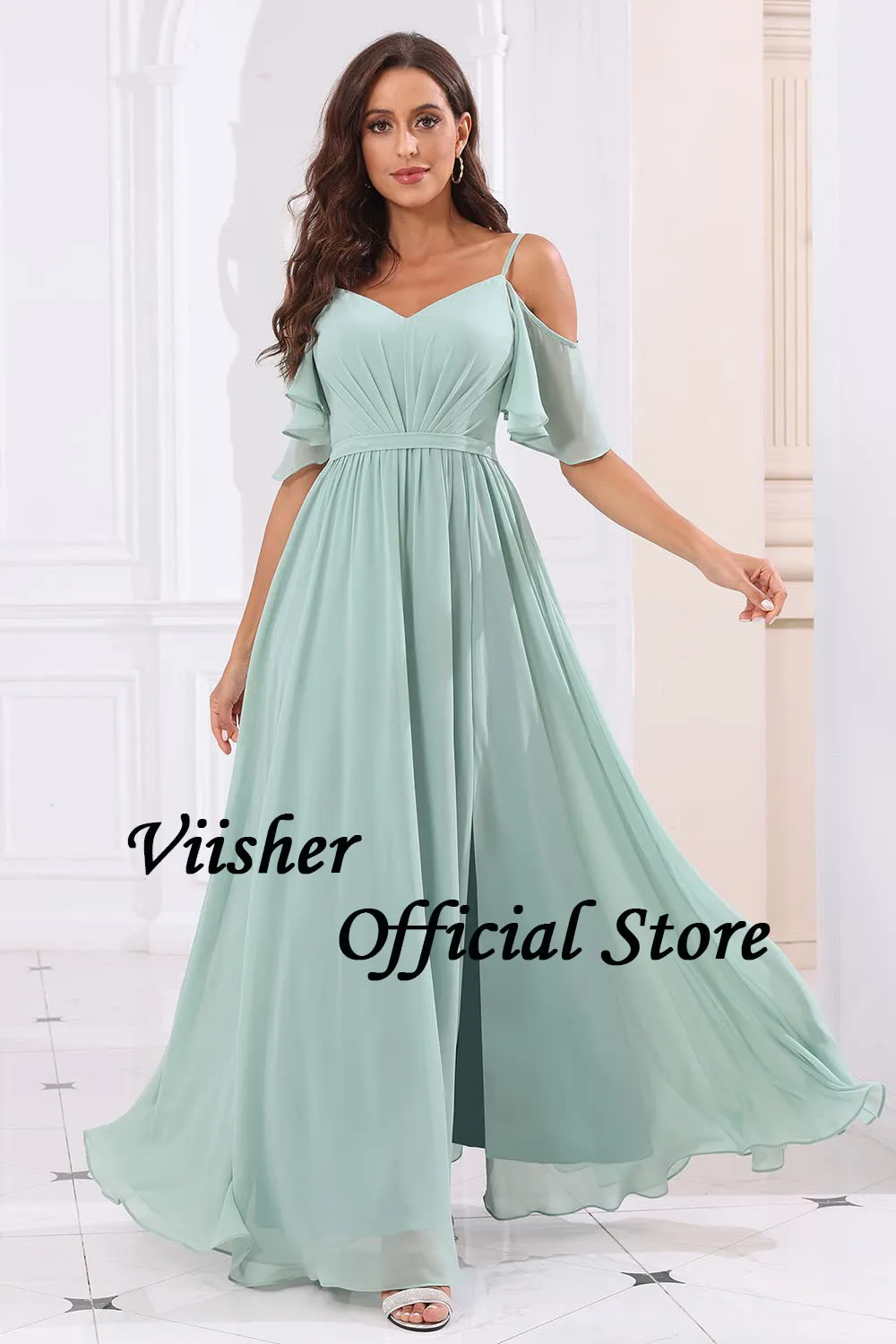 Viisher Aqua Chiffon A Line Bridesmaid Dresses with Slit for Women Cold Shoulder Spaghetti Straps V Neck Bridesmaid Dress