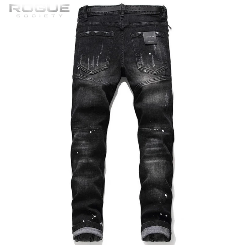 High Street Y2K Streetwear Distressed Slim Harajuku Jeans Men Patchwork Paint Splatter Button Denim Pants Punk Trousers Unisex
