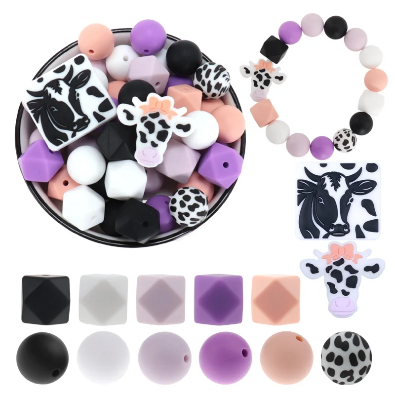 

40pcs Cow Print Silicone Beads 15MM Charms For Keychain Necklaces Phone Lanyard Jewelry Making Home Decoration DIY Craft