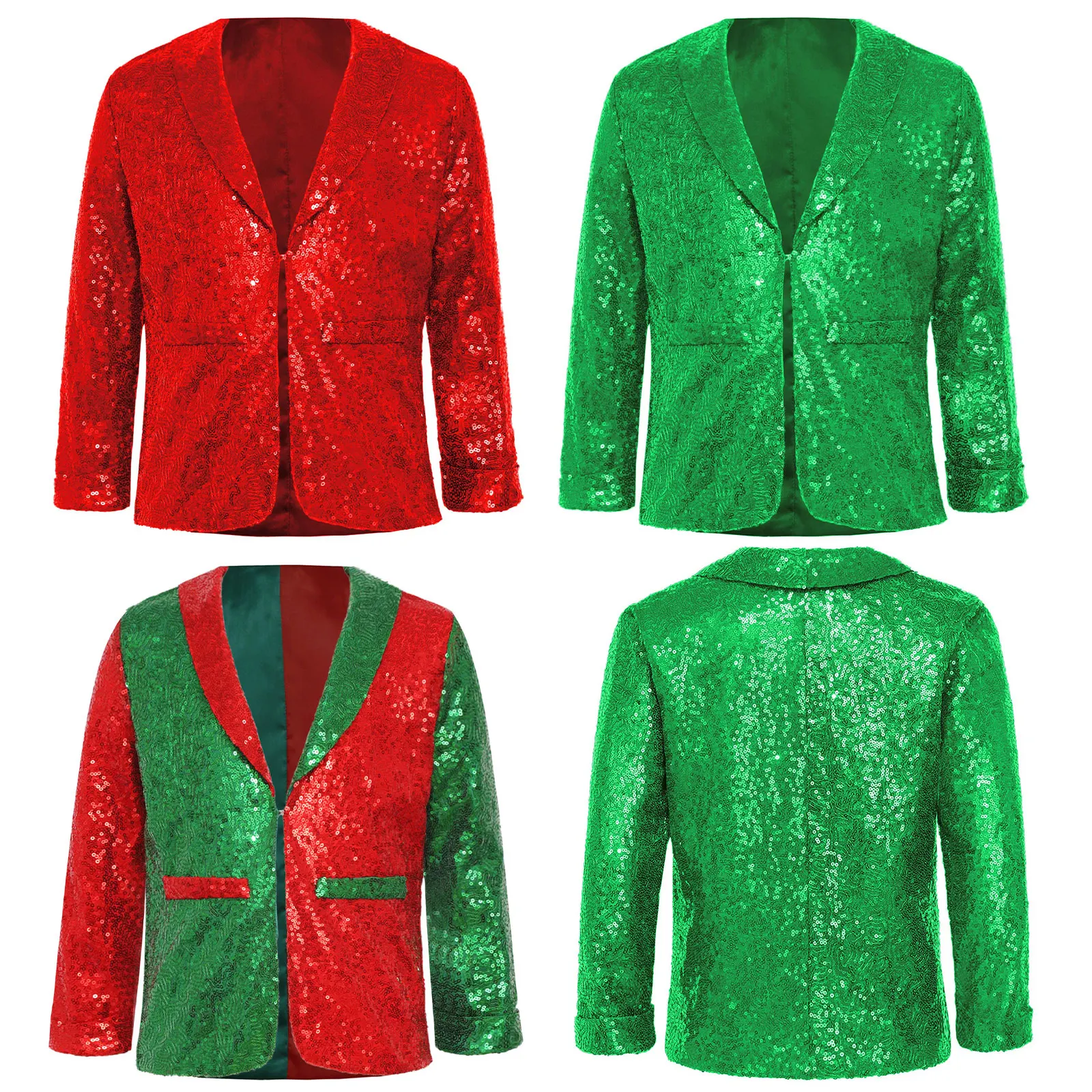 Kids Boys Girls Shiny Sequins Jacket Santa Helper Costume Christmas Xmas Elf Coat Outerwear Latin Jazz Disco Dance Dress Up