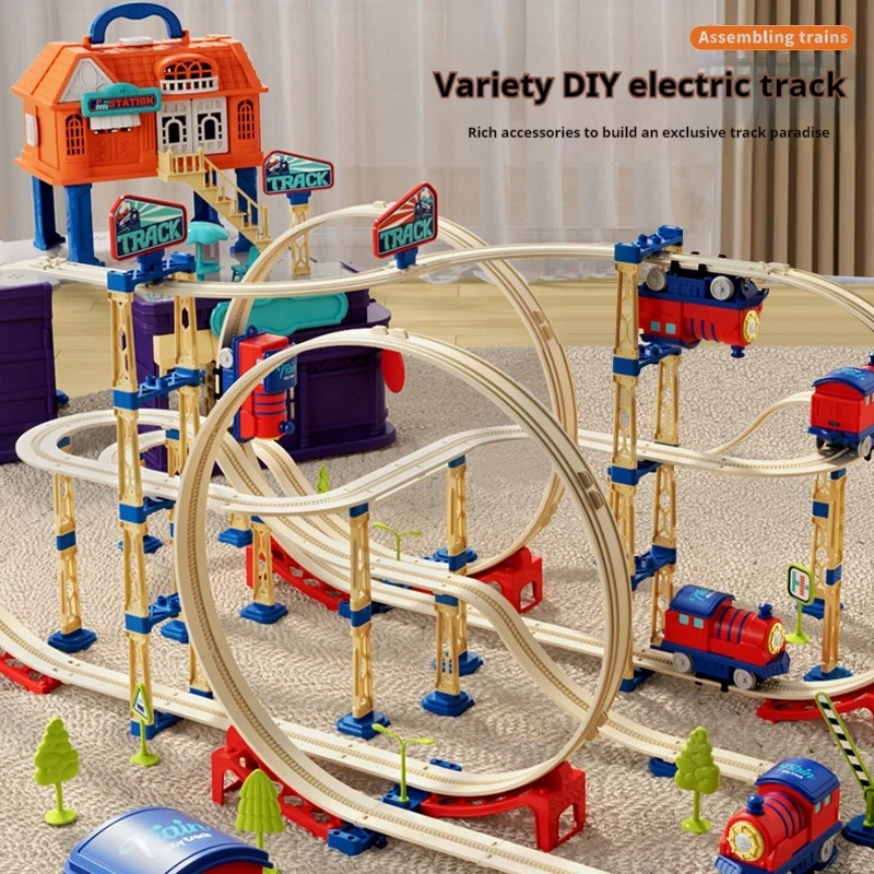Children'S Toy Train Track Car Assembly House Educational Toys For Boys Girls With Track Model Vehicle Non-Radio Control Model