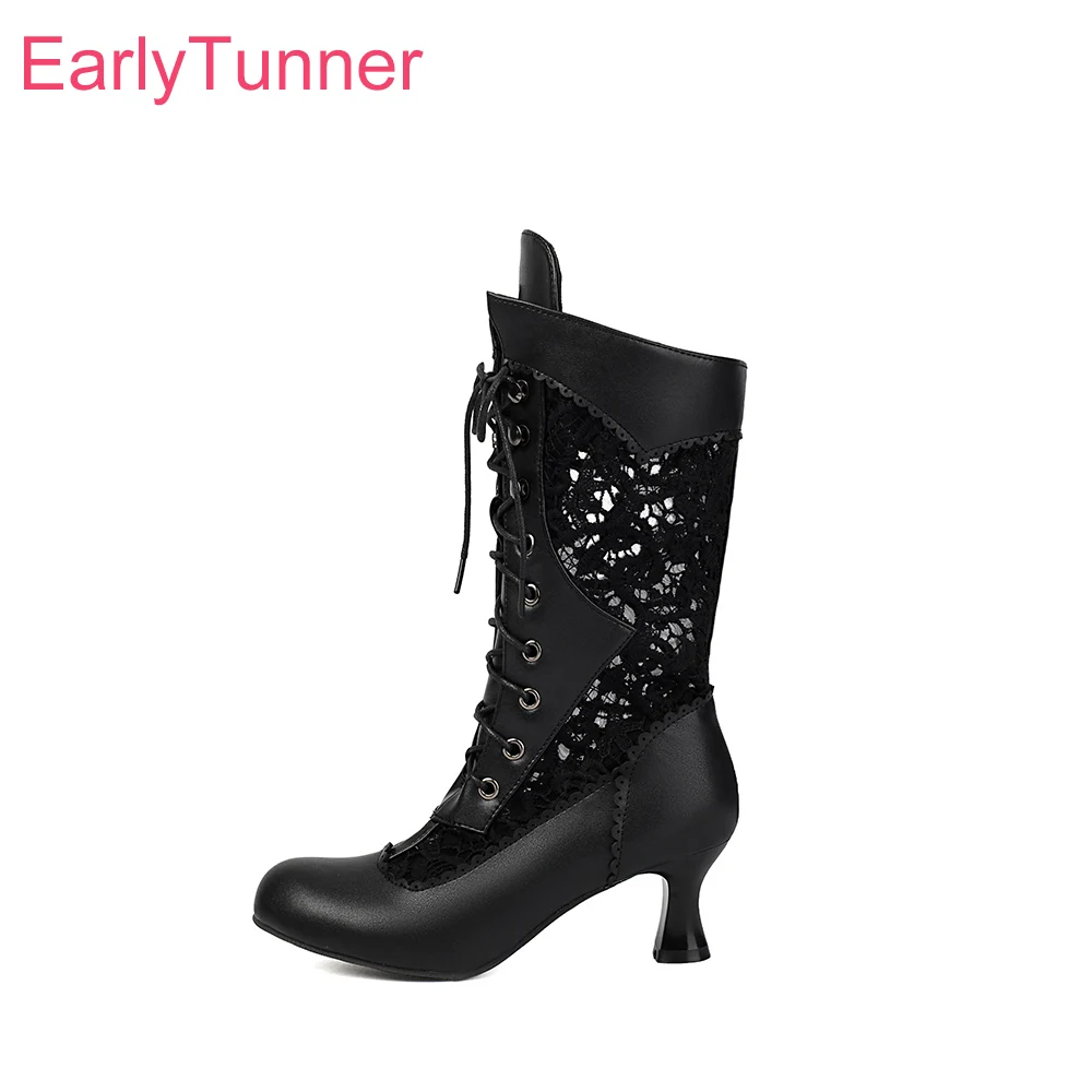 

2026 New Spring Sweet Black White Women Mid Calf Boots Round Toe High Heels Lady Shoes Plus Small Big Size 11 30 43 45 48