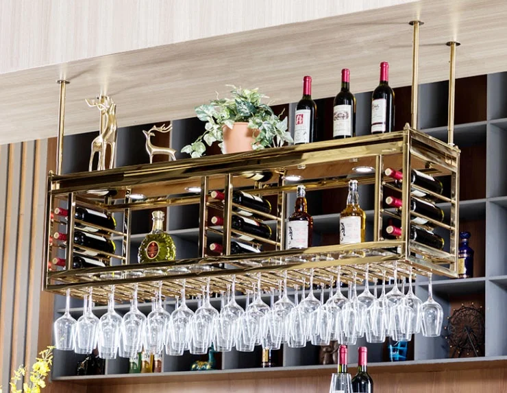 Bar Gold Stainless Steel Suspended Wine Display Rack Modern Gold Ceiling Hanging Wine Storage Rack With Glass Holder