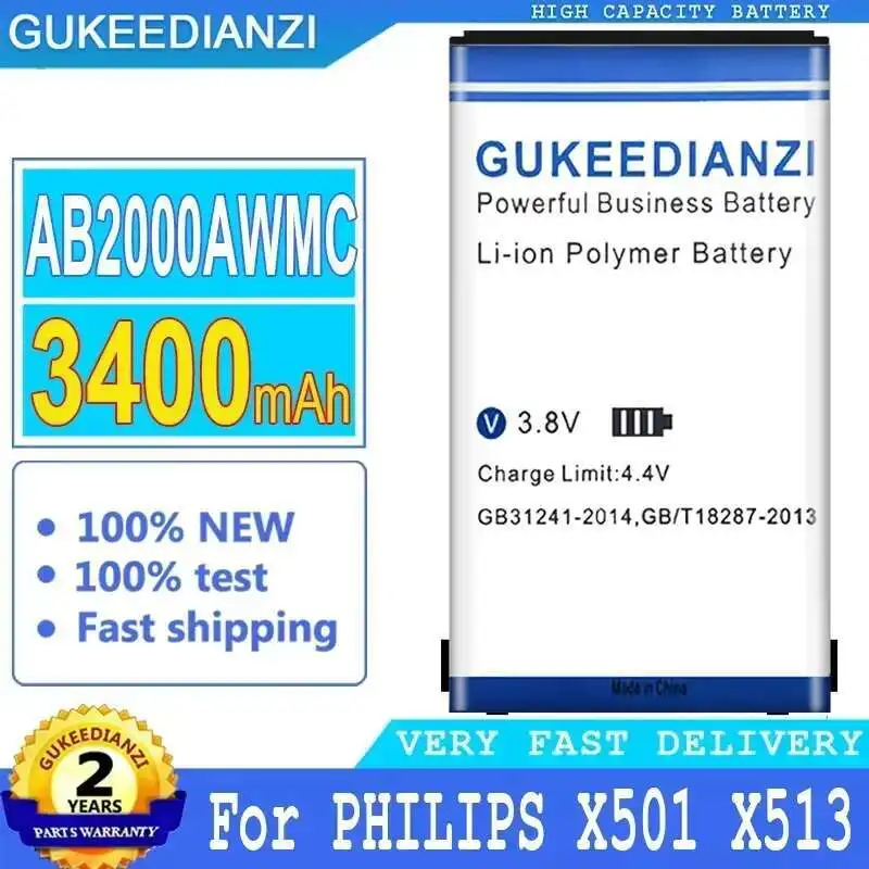 

For PHILIPS Xenium X501 X513 X523 X130 X623 X3560 CTX130 CTX523 CTX513, AB2000AWMC AB2000FWML 3400mAh Mobile Phone Battery
