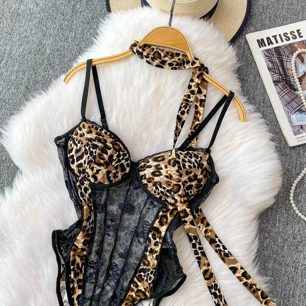 Women Hotsweet V-neck Leopard Slim Vintage Straps Bodysuits Chic Lace Slim Jumpsuits Comfortable Fashion Underwear view 4