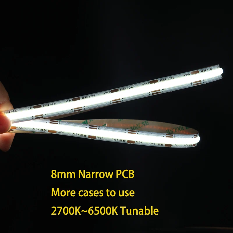 8mm Narrow PCB COB CCT LED Strip Lights Tunable White 2700+6500K Dual Color CSP Warm+Cool White Ribbon LED Tape Lighting DC 24V