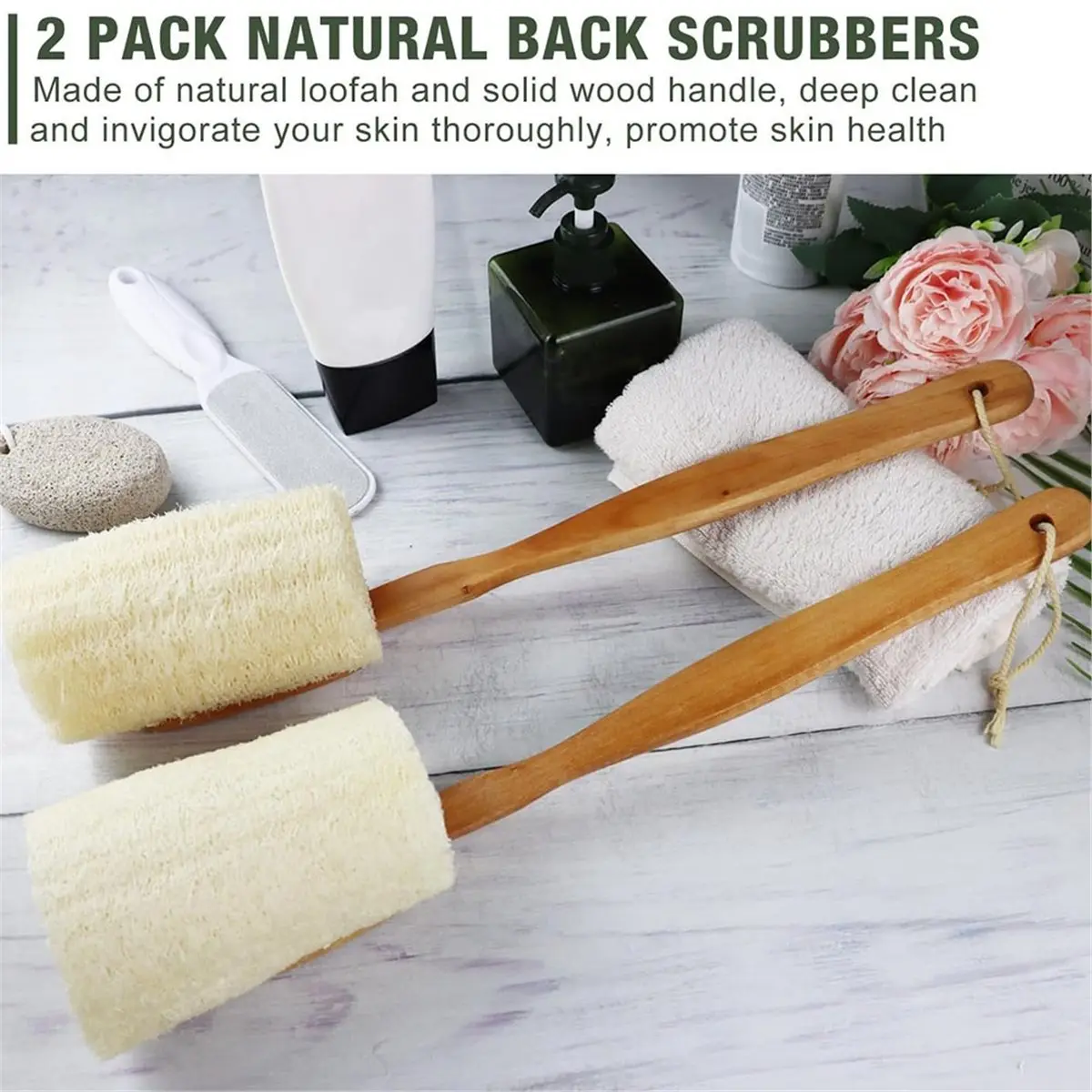 2026 New 2 Pack Exfoliating Loofah Luffa Loofa Bath Brush on A Stick, Shower Sponge Back Scrubber with Long Wooden Handle
