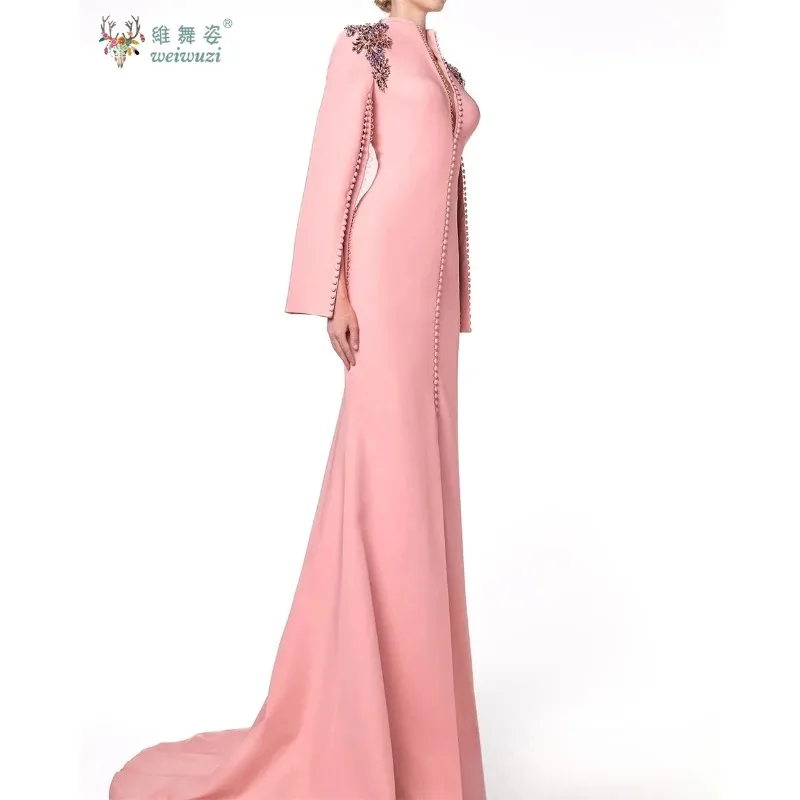 정교한 핑크 딥 브이넥 긴 소매 버튼 이브닝 드레스 럭셔리 인레이드 워터 다이아몬드 파티 가운 호스트 공연 의상
