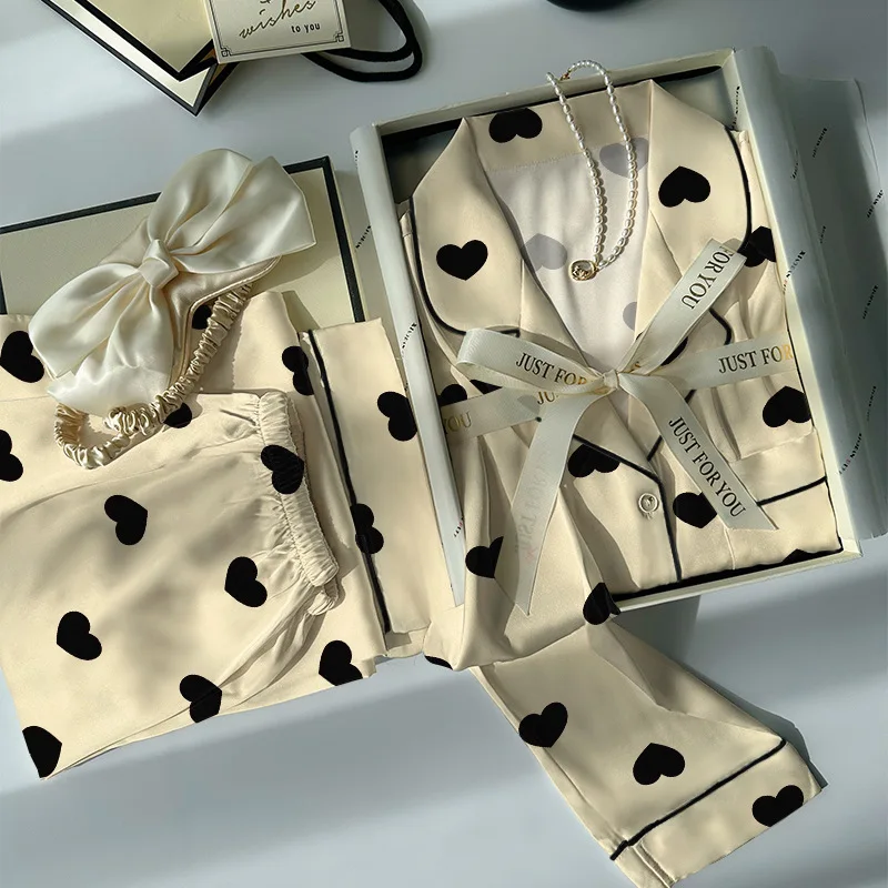 

Женские весенне-летние легкие роскошные высококачественные пижамы Love Love Ice Silk Cool Feeling, женская двухсекционная домашняя одежда с длинными рукавами