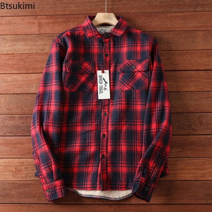 

Winter Plaid Fleece Shirts Jacket Men's Flannel Thermal Warm Coat for Outdoor Casual Work Sherpa Lined Button Down Vintage Shirt