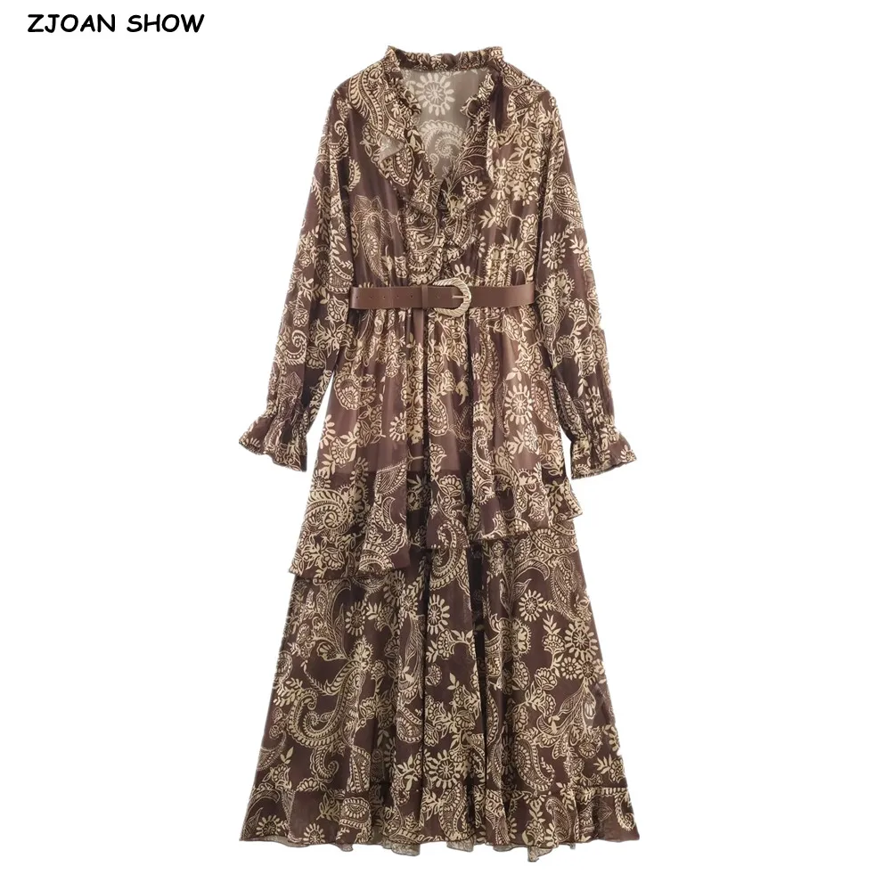 Frühling Kaffee Paisley Floral Print Langarm Chiffon Kleid Frau Schnalle Gürtel Elastische Taille Rüschen Saum Schaukel Kleider Vestidos
