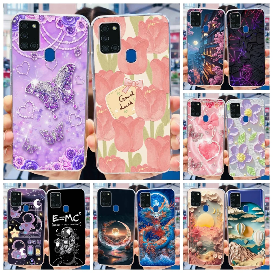 For Samsung Galaxy A21s Case SM-A217F Phone Cover Popular Flower Transparent Soft Silicone Funda For Samsung A21s A 21s TPU Capa