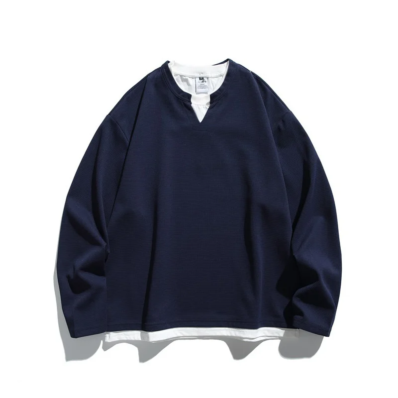 Men Campus Boy Fashion Splice Pullover Sweatshirt Cityboy Streetwear Spring Autumn Waffle Tops T Shirt Sweatshirts Jacket
